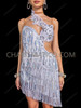 Silver One-Shoulder Floral Appliqué Sequin Fringe Latin Dance Dress