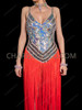 Blazing Iridescent sequin Bodysuit with Ultra-Long Red Fringe