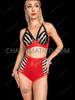 Red Sequin Vinyl Striped Rave Bra and EDM Booty Shorts Set