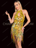 Sunburst Keyhole Yellow Sequin Fringe Latin Dance Dress