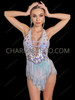 Iridescent Crystal Salsa Dance Leotard with Holographic Fringe