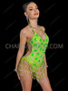 Neon Green Mirror Sequin Fringe Rave Party Bodysuit 