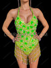 Neon Green Mirror Sequin Fringe Rave Party Bodysuit 