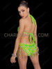 Neon Green Mirror Sequin Fringe Rave Party Bodysuit 