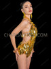 Golden Diamond Sequin Fringe Halter Dance Leotard 