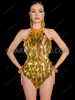 Golden Diamond Sequin Fringe Halter Dance Leotard 
