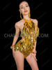 Golden Diamond Sequin Fringe Halter Dance Leotard 