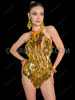 Golden Diamond Sequin Fringe Halter Dance Leotard 