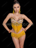 Yellow Rhinestone Beaded Fringe Bra and Sequin Shorts Latin Dance Set