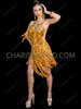 Golden Floral Appliqué Sequin Fringe Latin Dance Dress