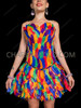 Multicolor Feather Carnival Corset Flare Dress 