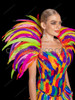 Multicolor Feather Carnival Corset Flare Dress with Bold Shoulder Wings
