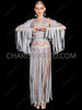 Metallic Silver Tassel Cher-Inspired Costume with Dramatic Sleeve Fringe
