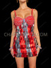 Red and Silver Striped Rectangular Sequin Showgirl Mini Dress