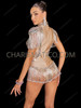 Luxe Nude Illusion Mirror-Studded Showgirl Bodysuit with Shoulder & Hip Fringe