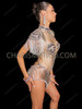 Luxe Nude Illusion Mirror-Studded Showgirl Bodysuit with Shoulder & Hip Fringe