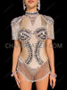Luxe Nude Illusion Mirror-Studded Showgirl Bodysuit with Shoulder & Hip Fringe