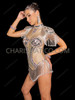 Luxe Nude Illusion Mirror-Studded Showgirl Bodysuit with Shoulder & Hip Fringe