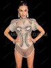 Luxe Nude Illusion Mirror-Studded Showgirl Bodysuit with Shoulder & Hip Fringe