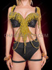 Black Gold Beaded Fringe Showgirl Bra with Hip Chains