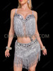 Sparkling Silver Sequin Fringe Salsa Latin Dance Set