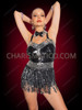Black and Silver Flapper Showgirl Fringe Leotard Dress with Bow Collar