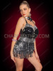 Black and Silver Flapper Showgirl Fringe Leotard Dress with Bow Collar