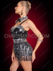 Black and Silver Flapper Showgirl Fringe Leotard Dress with Bow Collar