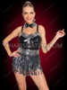 Black and Silver Flapper Showgirl Fringe Leotard Dress with Bow Collar