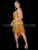 Golden Floral Sequin Fringe Latin Dance Dress CLEARANCE US 4-10