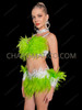 Neon Green Feather Burlesque Bra & Feather Mini Skirt Set