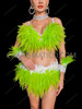 Neon Green Feather Burlesque Bra & Feather Mini Skirt Set