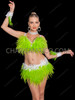 Neon Green Feather Burlesque Bra & Feather Mini Skirt Set
