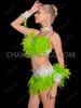 Neon Green Feather Burlesque Bra & Feather Mini Skirt Set