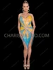 Glamorous Aqua Yellow Sequin Starburst Drag Queen Dance Dress