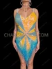 Glamorous Aqua Yellow Sequin Starburst Drag Queen Dance Dress