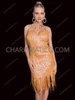 Dazzling Champagne Sequin Beaded Fringe Latin Dance Dress