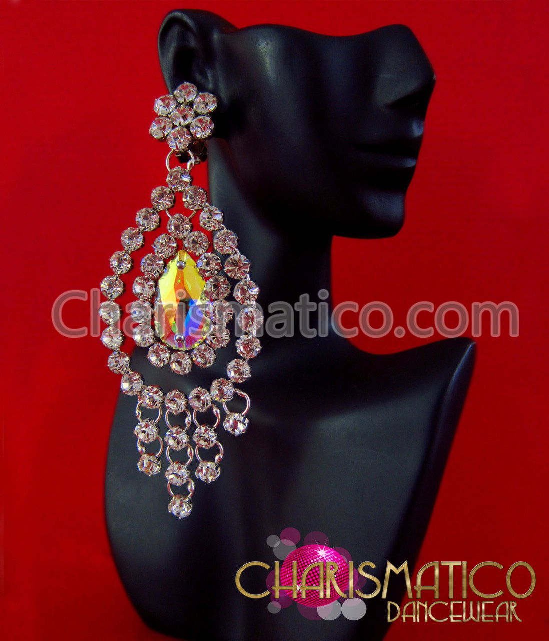 Large iridescent Swarovski crystal chandelier drop earrings with