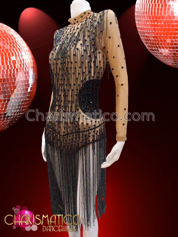 Nude Based Black Sequin Accented Beaded Fringe Latin Dance Dress