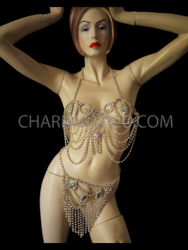 Iridescent Crystal Burlesque Body Rhinestone Showgirl'S Bra And Belt Thong