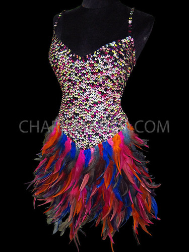 Halter Style Iridescent Sequin Prom Dress With Rainbow Feather Skirt