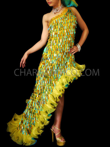 Yellow And Ice Blue Teardrop Sequin Asymmetrical Rumba Ruffled Dress