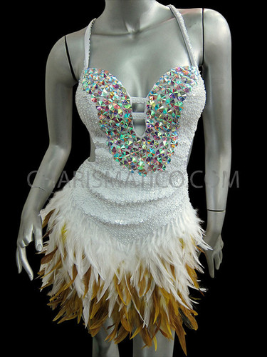 Bejeweled White Sequined Latin Salsa Dress With Natural Feathered Skirt Bejeweled White Sequined Latin Salsa Dress With Natural Feathered Skirt