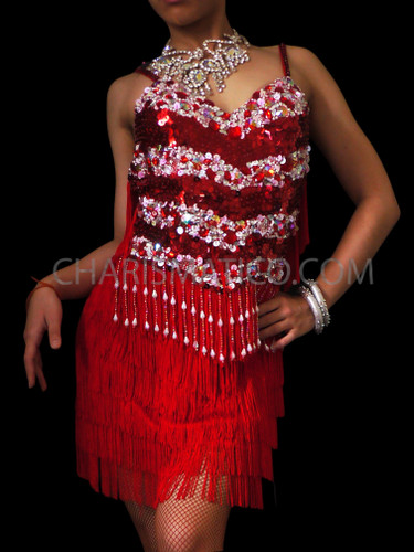NUG Z2205 FLUORESCENT RED FRINGE LATIN DRESS