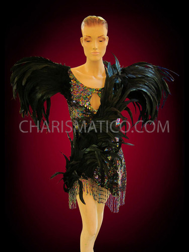 Drag Queen Iridescent Rainbow Sequin With Black Feather Accent Mini-Dress