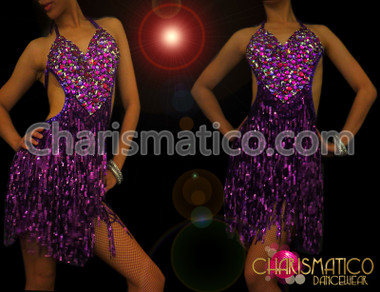 Halter-Style Purple Crystal Covered Latin Dance Dress With Sequin Fringes