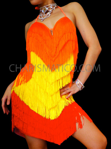 orange salsa dress Orange Yellow Red Bodysuit Fringe Salsa Latin Dance Dress
