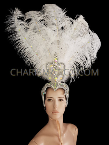 Silver Beaded, Iridescent Crystal Embellished, Ostrich Feather Headdress