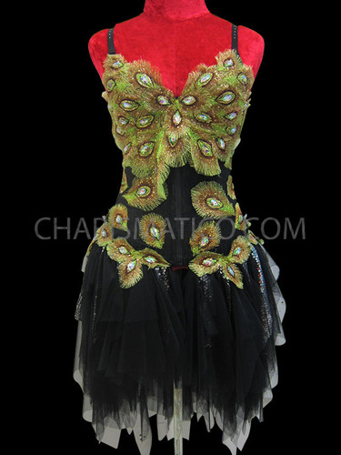 Shimmering Black Organza And Neon Green Peacock Design Diva's Dress