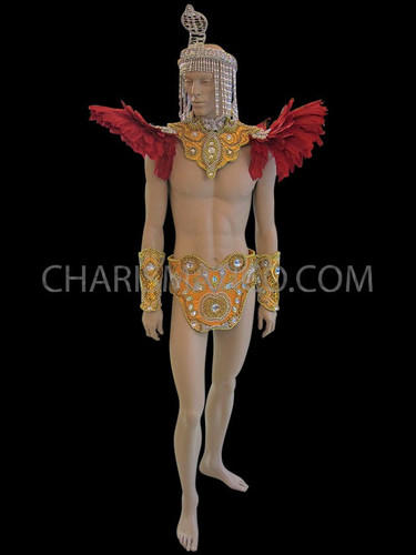 Multi-Piece Feathered Red And Gold Beaded Brazilian Carnival